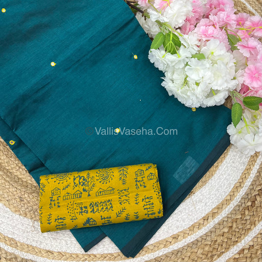 South Mixed Cotton - Mirror Work Embroidery - Green With Yellow - VVPCM002