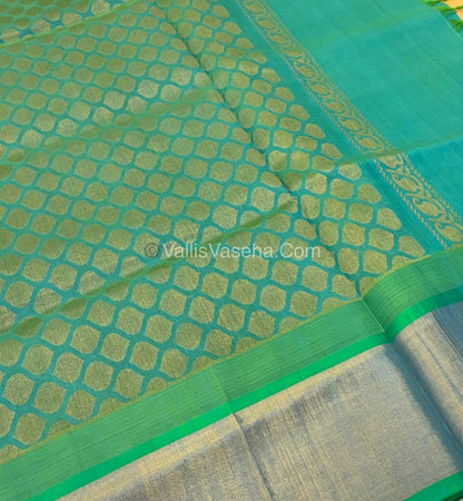 Pure Korvai Silk Cotton Saree - Cream With Blue Shade Temple border - VVKSC001