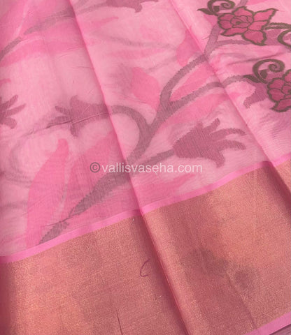 Banarasi Pochampally Weaving Semi Soft Cotton Saree - Pista Green with Pink - VVBPS001