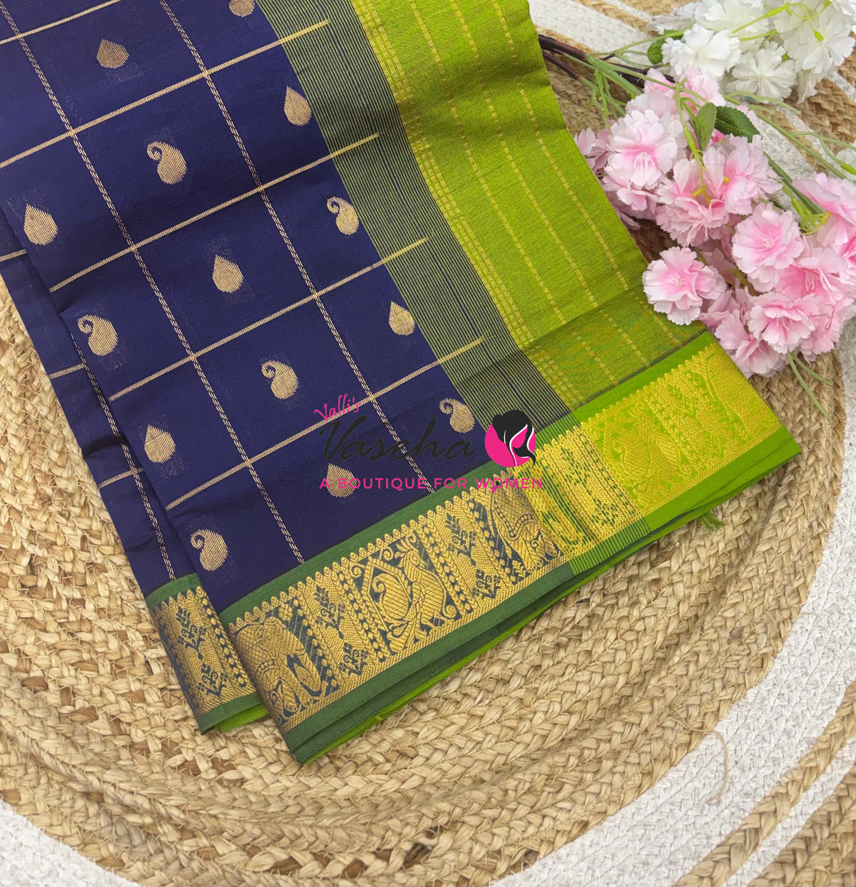 Semi Silk Cotton Saree - Checked Pattern with Butta  - VVSSC013