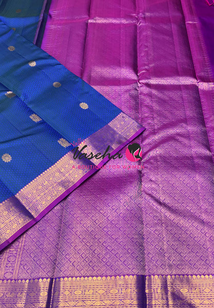 Pure Kanchipuram Bridal Silk Saree - Embossed Design - Peacock Blue With Purple Shade  - VVPS023