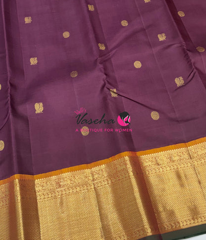 Pure Vintage Korvai Kanchipuram Silk Saree - Wine With Mustard Yellow - VVPS046