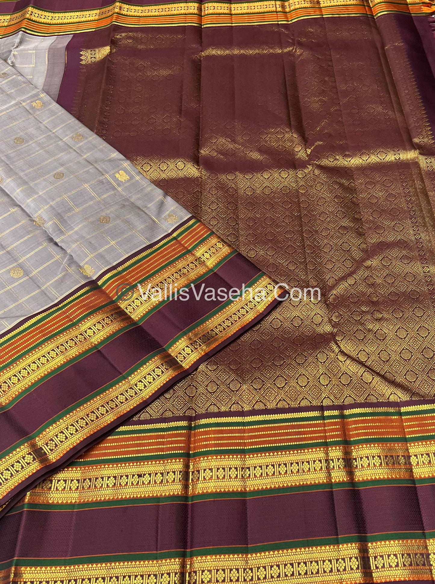 Pure Vintage Korvai Kanchipuram Silk Saree - Grey & Wine Brown Combo - VVPS022