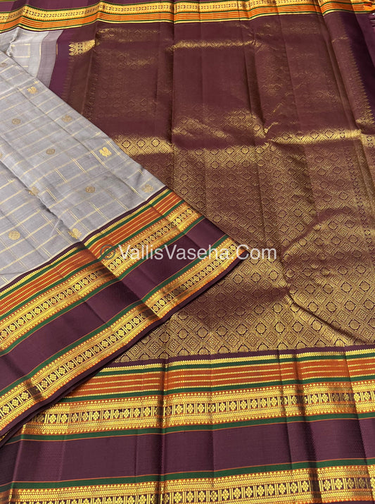Pure Vintage Korvai Kanchipuram Silk Saree - Grey & Wine Brown Combo - VVPS022