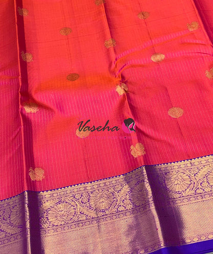 Pure Kanchipuram Silk Saree - Vairavoosi Design  - Peachish Pink & Purple Combo - VVPS059