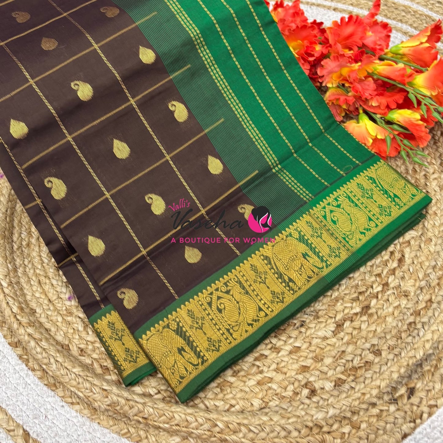 Semi Silk Cotton Saree - Checked Pattern with Butta  - VVSSC013