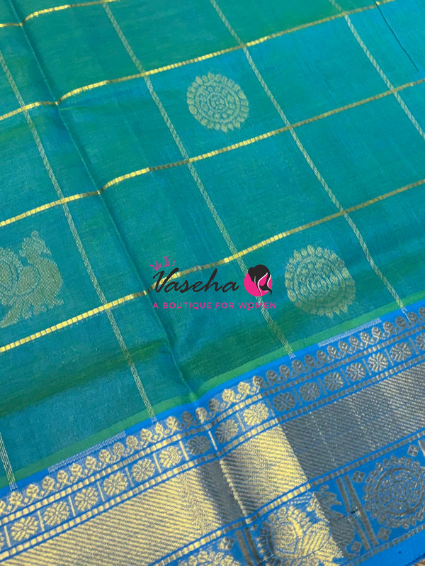 Pure Silk Cotton Saree - Mayil & Chakkaram Design - Blue With Blue Shade - VVMC001