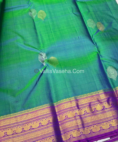 Pure Kanchipuram Silk Saree - Double Tone Peacock Bluish Green with Purplish Pink Shade - VVPS014