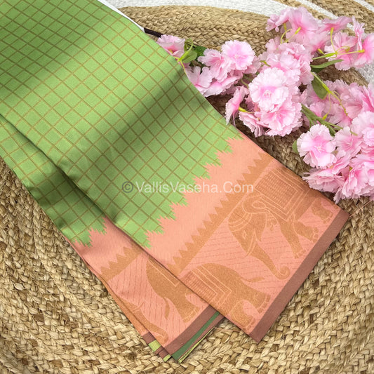 Semi Silk Saree - Kanchi Silk Style - Elephant Border - Pista green with Peach - VVSSS005