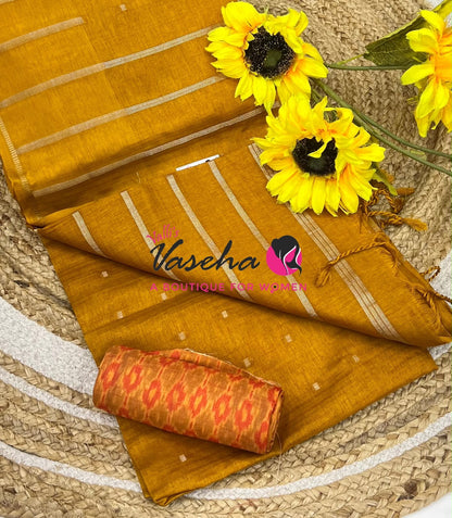 Semi Matka Tussar Silk Saree | Double Blouse | Yellow Shade |VVSTS052