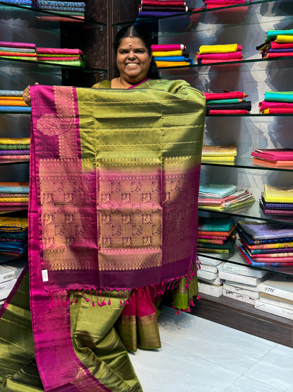 Pure Soft Silk Saree - Green with Purplish Pink  - VVPSS022