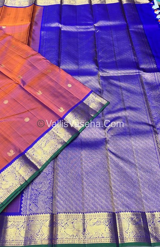 Pure Kanchipuram Silk Saree - Double Tone Peachish Rust & Violetish Blue Combo - VVPS014