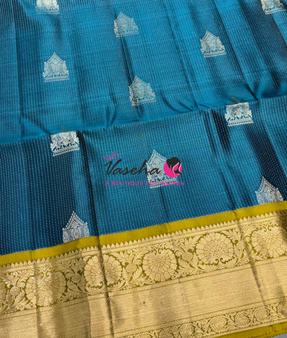 Half Mix - Pure Soft Silk Saree - Vairavoosi Design - Ramar Blue & Lemon Green - VVPSS147