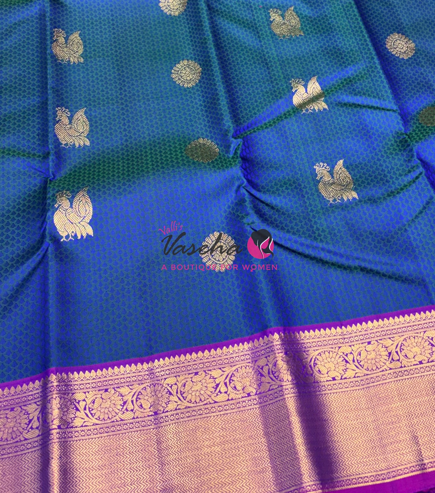 Pure Kanchipuram Bridal Silk Saree - Embossed Design - Peacock Blue With Purple Combo - VVPS023