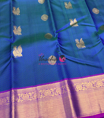 Pure Kanchipuram Bridal Silk Saree - Embossed Design - Peacock Blue With Purple Combo - VVPS023