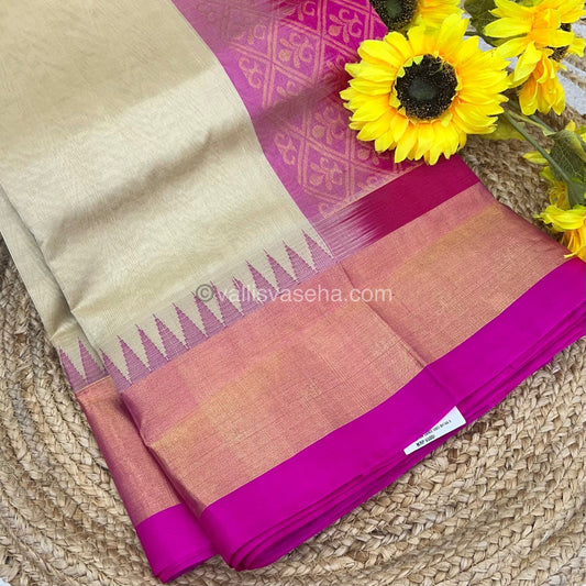 Pure Korvai Silk Cotton Saree - Cream With Pink Shade Temple border - VVKSC001