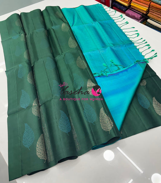 Pure Soft Silk Saree - Border Less  - Green & Blue Combo - VVPSS070