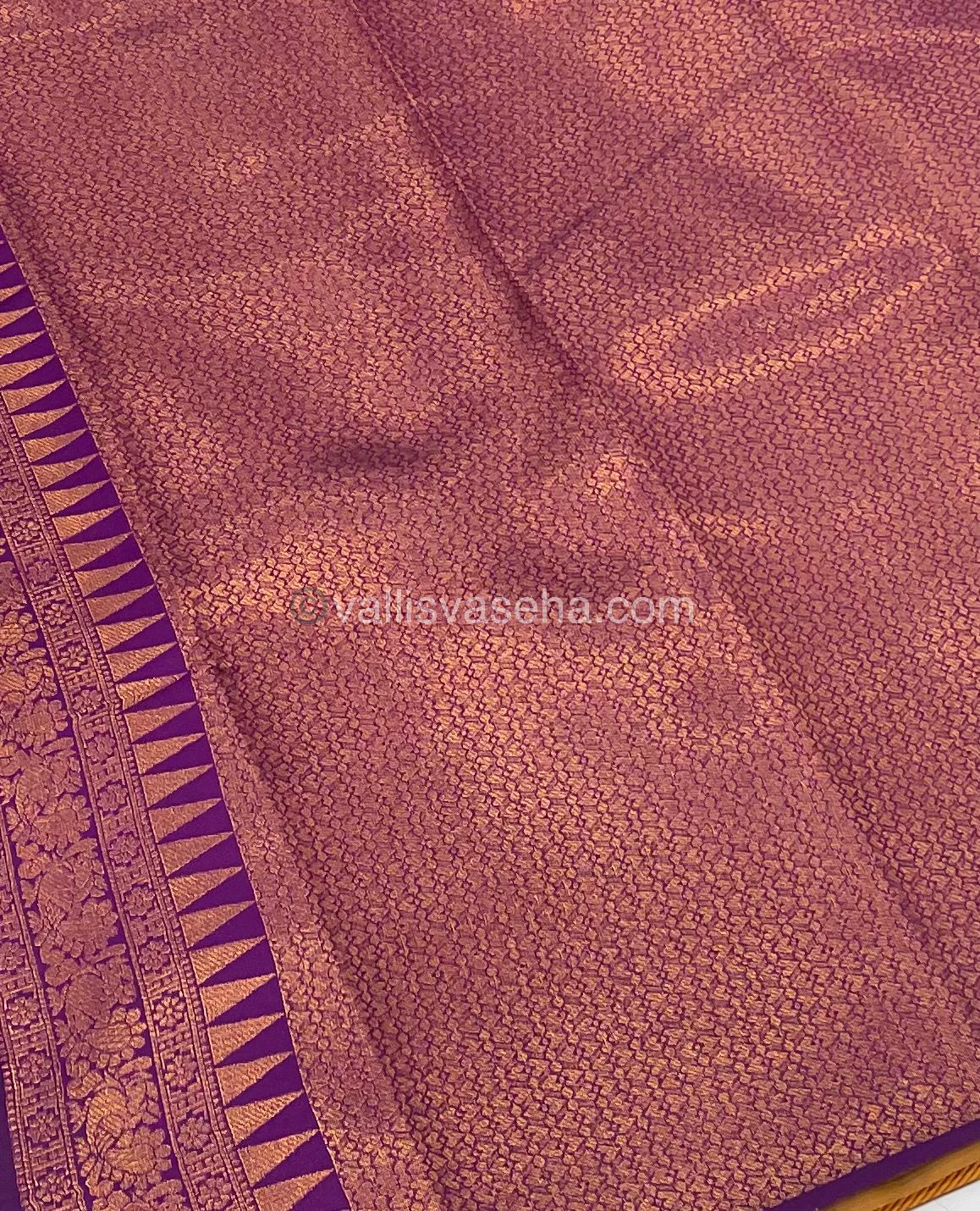 Kanchi Semi Silk - Dark Yellow with Purple- Mayil & Chakkaram design - VVKSS001