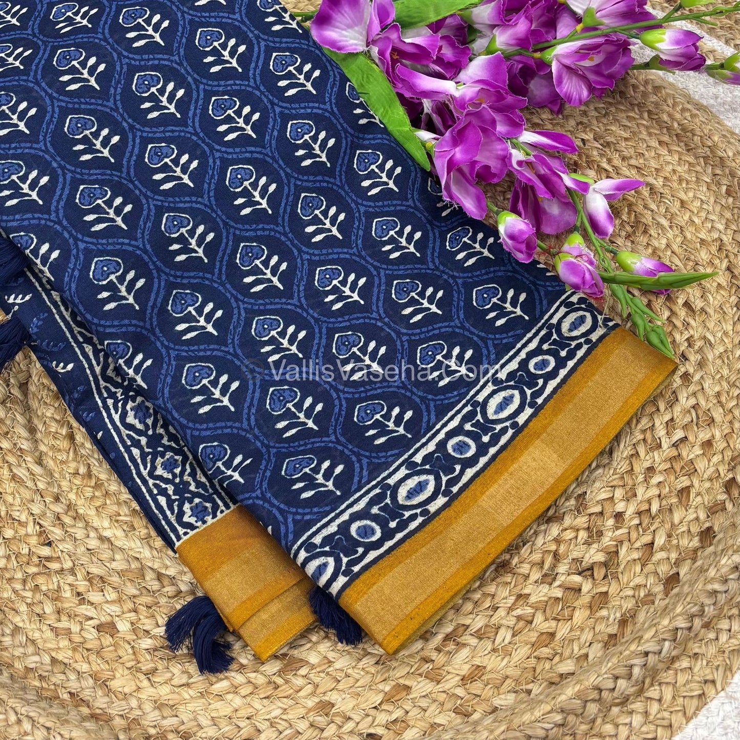 Semi Maheshwari Mixed Cotton Saree - Linen Feel - Indigo Blue & Yellow- VVMSC003