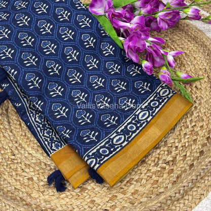 Semi Maheshwari Mixed Cotton Saree - Linen Feel - Indigo Blue & Yellow- VVMSC003