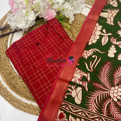 Ready Made - Semi Raw Silk Kurti with Chennur Silk Kalamkari Duppatta - Red Shade - 2pc Set - VVSRK002