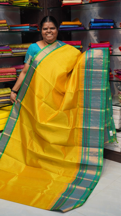 Pure Korvai Silk Cotton - Retta Petta border - Yellow & Green Combo - VVKSC010