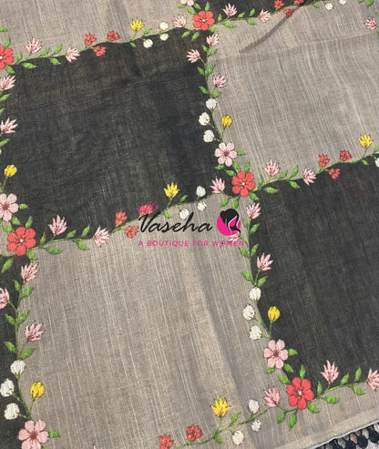 Linen Tissue Saree -  Light & Dark Combo - Elephant Grey Shade - VVLTS007