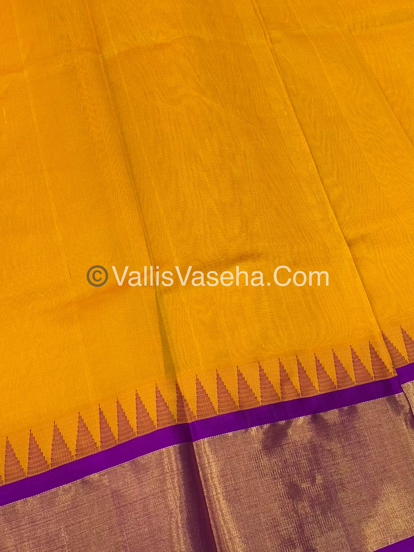 Pure Korvai Silk Cotton Saree - Yellow With Purple Shade Temple border - VVKSC001