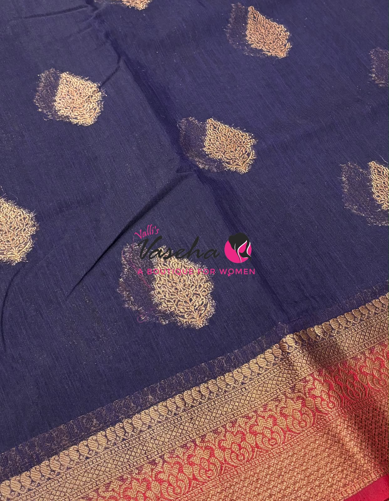 Bamboo Silk Saree - Navy Blue With Red  - VVBSS018