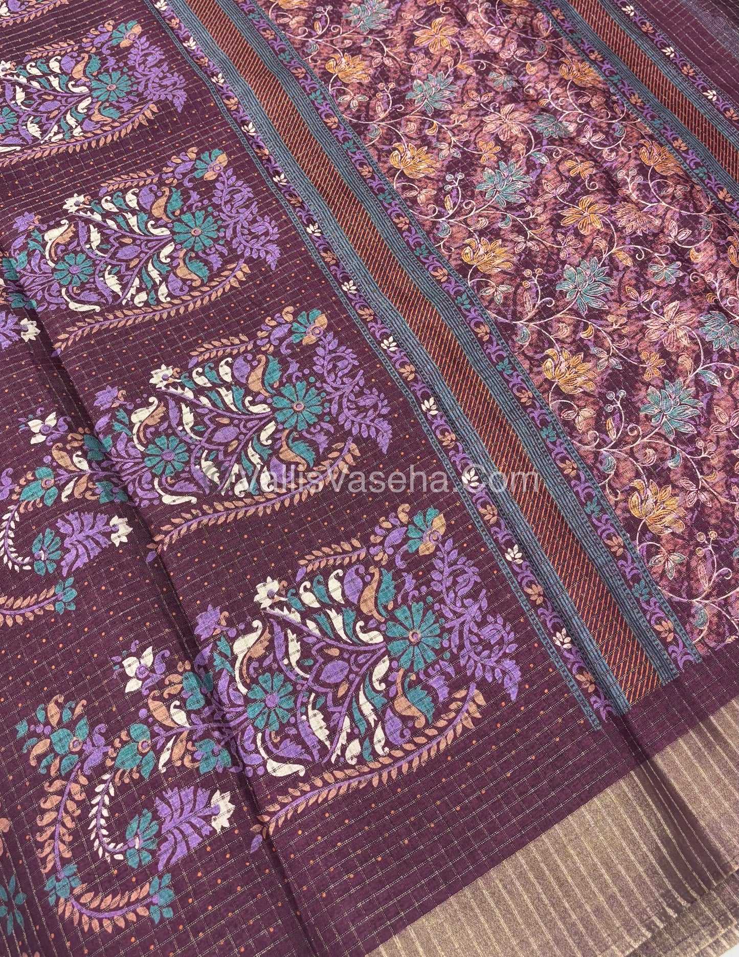 Light Weight Fancy Mixed Kota Cotton - Floral Design Printed Saree - Wine Shade - VVKPC002