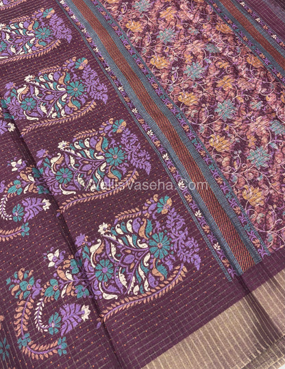 Light Weight Fancy Mixed Kota Cotton - Floral Design Printed Saree - Wine Shade - VVKPC002