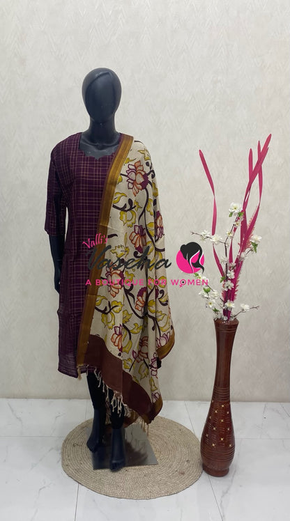 Ready Made - Semi Raw Silk Kurti with Chennur Silk Kalamkari Duppatta - Wine Shade - 2pc Set - VVSRK002
