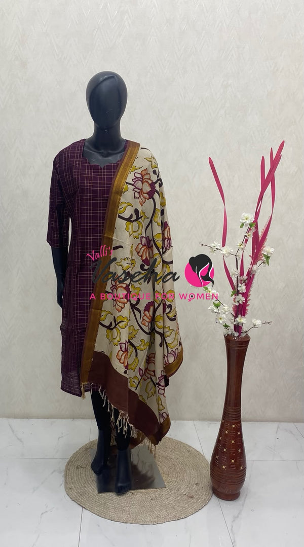 Ready Made - Semi Raw Silk Kurti with Chennur Silk Kalamkari Duppatta - Wine Shade - 2pc Set - VVSRK002