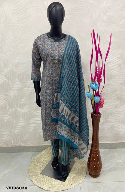 Ready Made - Salwar, Kameez & Duppatta(3pc) -Ajrakh Print - VV108034