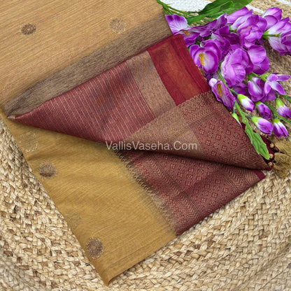 Bamboo Silk Saree  - Creamish Chikku ( Beige Color)  with maroon Shade - VVBSS001