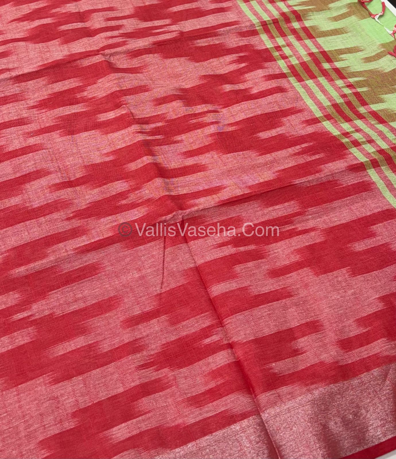 Bhagalpuri Linen Cotton Saree - Ikkat Print - Green With Red Shade - VVBLC001