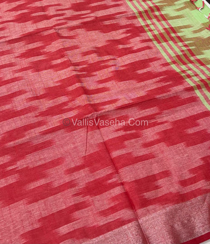 Bhagalpuri Linen Cotton Saree - Ikkat Print - Green With Red Shade - VVBLC001