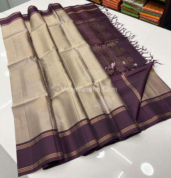 Pure Soft Silk Saree - Kolam design light chikku with wine shade  - VVPSS074