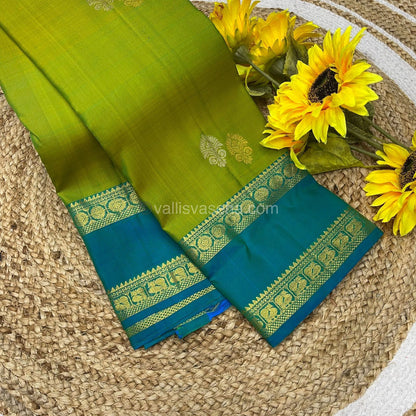 Pure Kanchipuram Silk Saree - Lovely Apple Green (Lemon Green) with Blue - Retta Petta Border - VVPS008