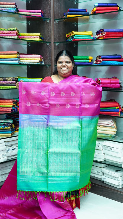 Pure Soft Silk Saree - Vaira Voosi design - Pink With Teal Green Combo - VVPSS016