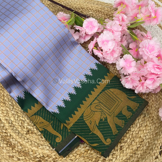 Semi Silk Saree - Kanchi Silk Style - Elephant Border - Ice Blue with Green - VVSSS005