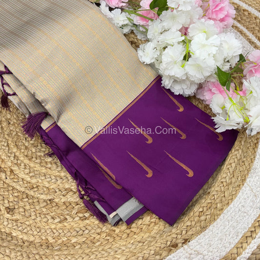 Kanchi Semi Silk With Tassels - Creamish Grey with Purple - VVKSS004