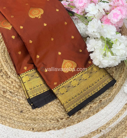 Semi Kanchipuram Soft Silk - Rust Orange With Dark Brown - VVSSS020
