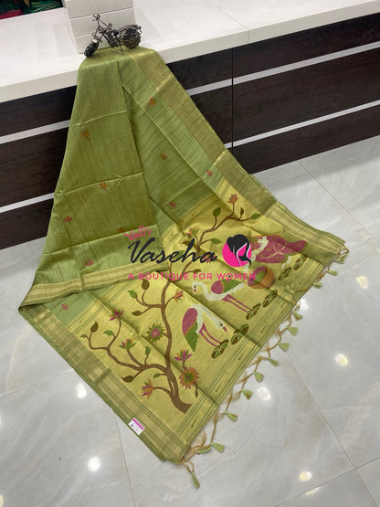 Muga Tissue Linen Saree - Green Shade - VVMLT002