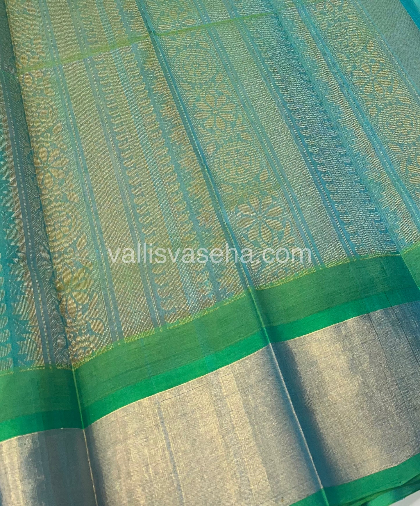 Pure Korvai Silk Cotton Saree - Peach With Turquoise Blue Shade Temple border - VVKSC001