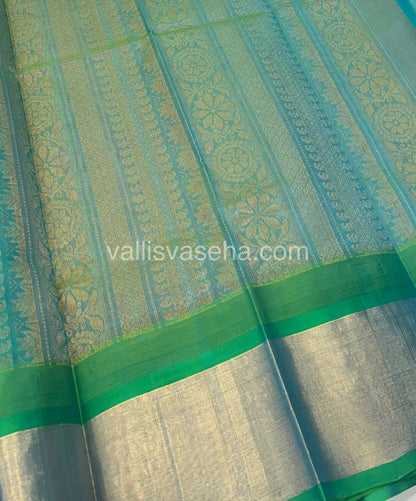 Pure Korvai Silk Cotton Saree - Peach With Turquoise Blue Shade Temple border - VVKSC001