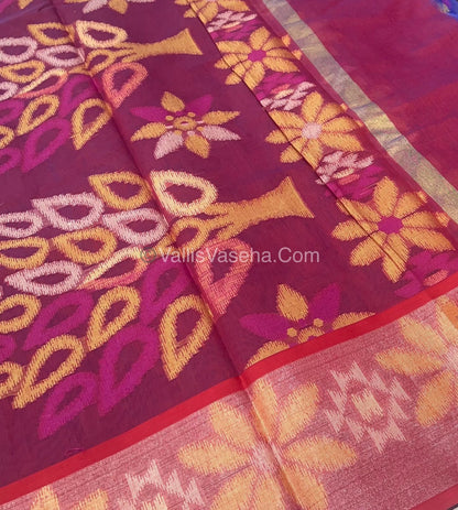 Banarasi Pochampally Weaving Semi Soft Cotton Saree - Blue with Merunish Pink - VVBPS001