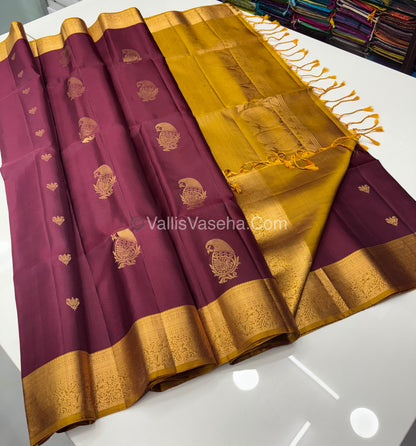 Pure Soft Silk Saree - Kanchi Border - Maroon & Yellow Combo - VVPSS046