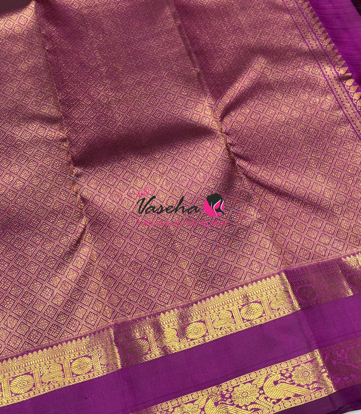 Pure Kanchipuram Silk Saree - Vairavoosi Design  - Peach With Purplish Pink - VVPS095
