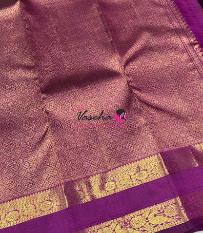 Pure Kanchipuram Silk Saree - Vairavoosi Design  - Peach With Purplish Pink - VVPS095